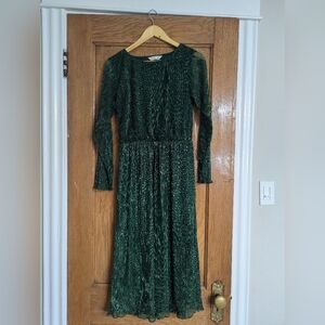 Compania Fantastica Lurex Sparkly Green Long Sleeve Midi-Dress - Size Medium